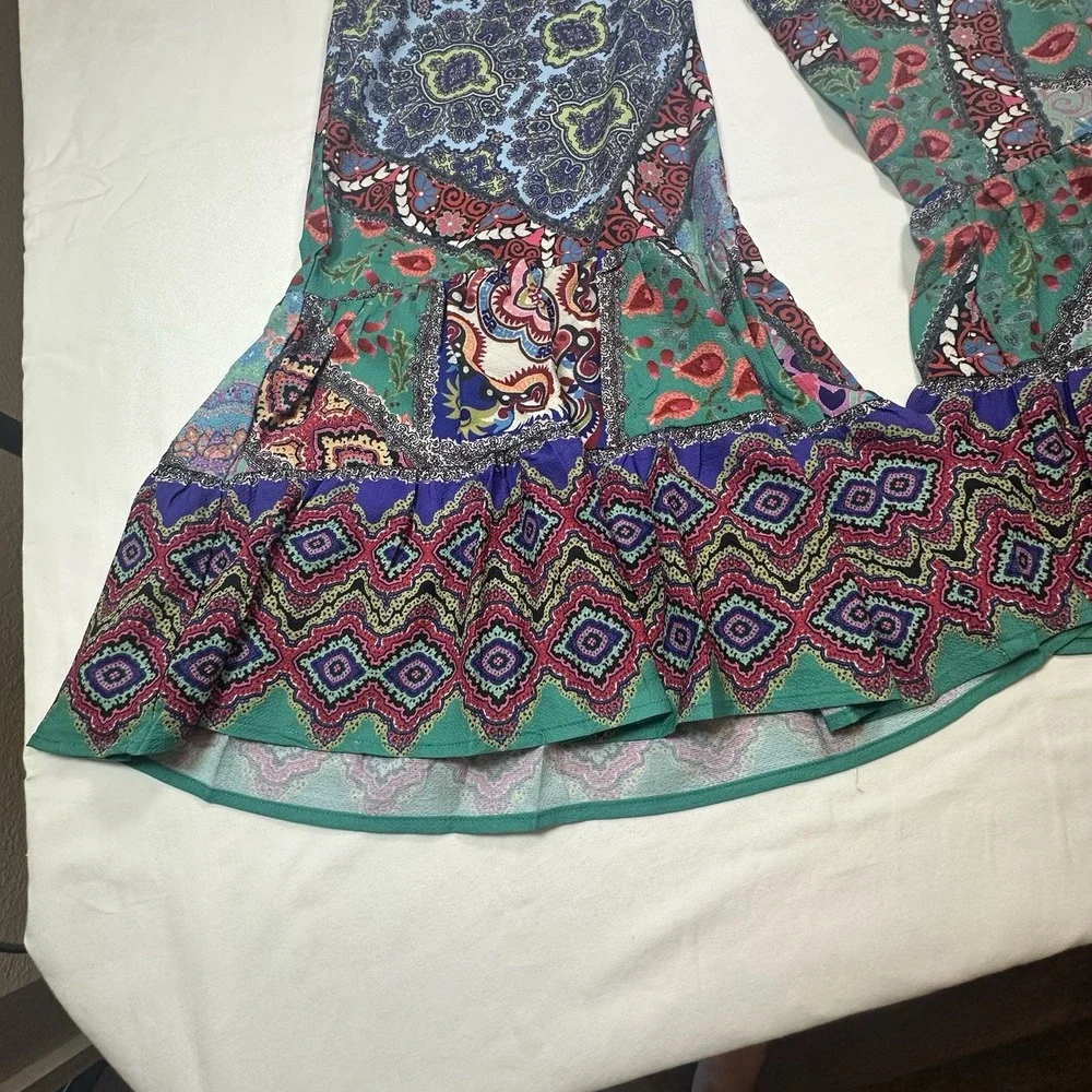 Umgee Patchwork Wide Legs Ruffle Hem Boho Festival Hippie Women's Pants Size M - Picture 6 of 12